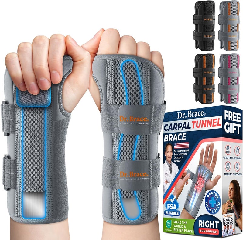 DR. BRACE Adjustable Wrist Brace Night Support for Carpal Tunnel, Doctor Developed, Upgraded with Double Splint & Therapeutic Cushion,Hand Brace for Pain Relief,Injuries,Sprains (S/M Right Hand, Grey) - Image 1
